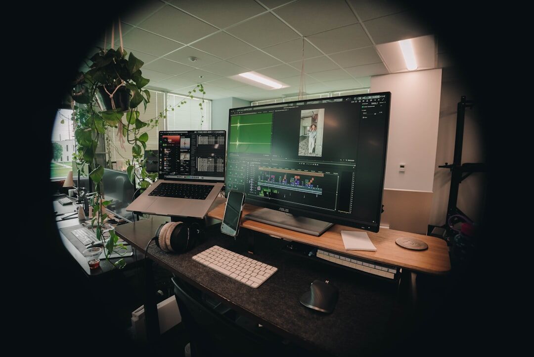 Video editor working at a post production editing suite